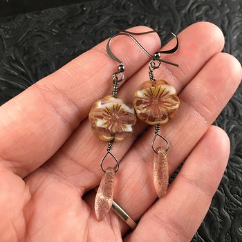 Striped Pink and White Glass Hawaiian Flower and Etched Gold Flecked Pink Dagger Earrings with Black Wire #UrwqkuIzRGc