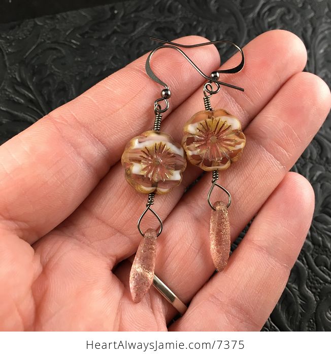 Striped Pink and White Glass Hawaiian Flower and Etched Gold Flecked Pink Dagger Earrings with Black Wire - #UrwqkuIzRGc-1