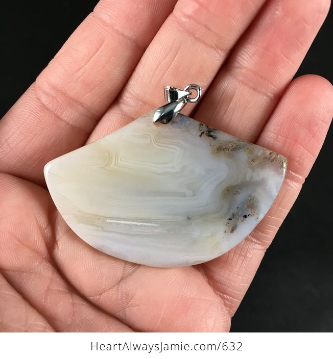 Stunning Fan Shaped Beige Dendrite Natural Agate Stone Pendant Necklace - #nA8vF2aHJIg-2