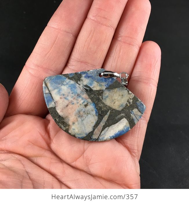 Stunning Fan Shaped Blue and Pyrite Stone Pendant Necklace - #p0Uzeubc3es-2