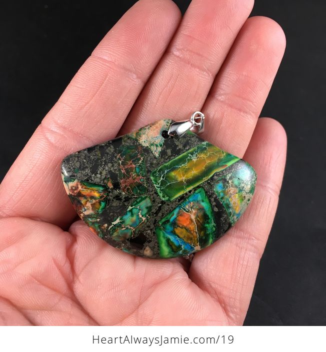 Stunning Fan Shaped Chalcopyrite and Colorful Sea Sediment Jasper Stone Pendant - #EPorX5ORERI-1