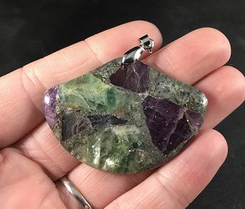 Stunning Fan Shaped Chalcopyrite and Green and Purple Fluorite Stone Pendant #8LbaltxhW00