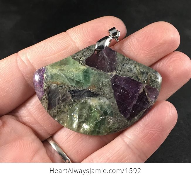 Stunning Fan Shaped Chalcopyrite and Green and Purple Fluorite Stone Pendant - #8LbaltxhW00-1