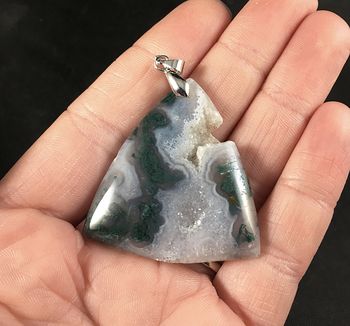 Stunning Green and White Triangular Moss Agate Druzy Stone Pendant #af15eCsfwHo