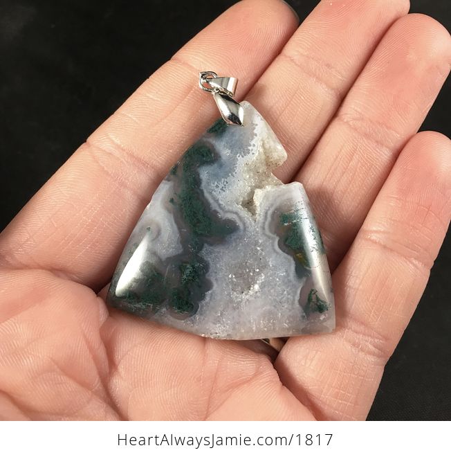 Stunning Green and White Triangular Moss Agate Druzy Stone Pendant - #af15eCsfwHo-1