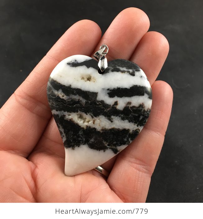 Stunning Heart Shaped Black and White Zebra Jasper Stone Pendant - #AnYoUmxOYfo-1