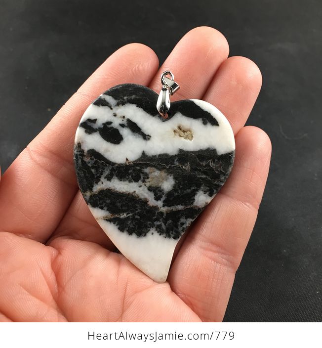 Stunning Heart Shaped Black and White Zebra Jasper Stone Pendant Necklace - #AnYoUmxOYfo-2