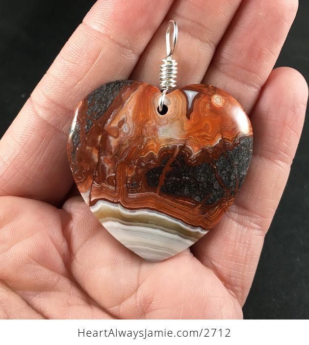 Stunning Heart Shaped Brown Red Orange Beige Tan and Black Mexican Crazy Lace Agate Stone Pendant - #x4s0uHTXkxY-1