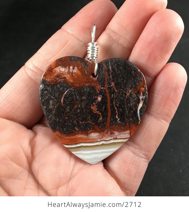 Stunning Heart Shaped Brown Red Orange Beige Tan and Black Mexican Crazy Lace Agate Stone Pendant Necklace - #x4s0uHTXkxY-2