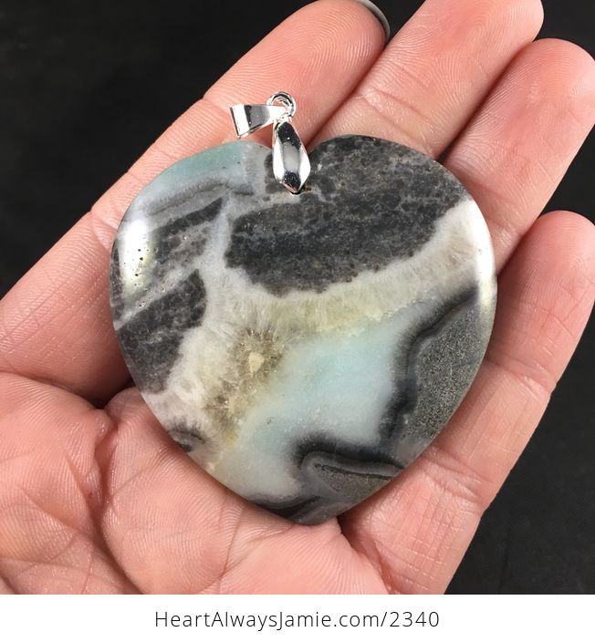 Stunning Heart Shaped Gray and Blue Amazonite Drusy Stone Pendant Necklace - #3dSR7j2Jfmw-1