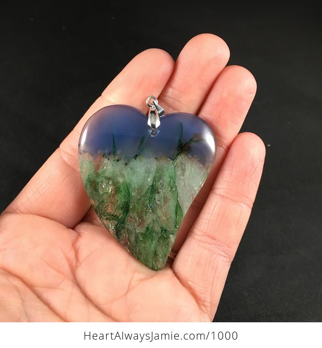 Stunning Heart Shaped Green and Blue Druzy Stone Agate Pendant - #3FoF0jlJpl0-1