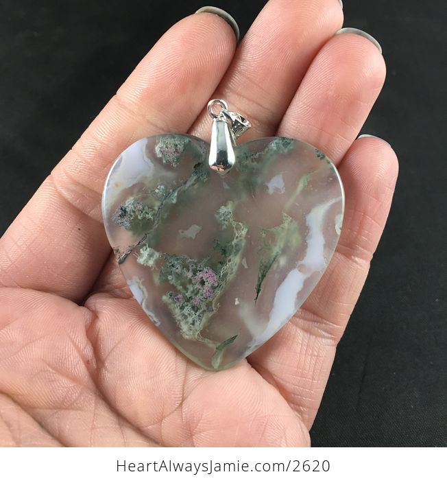 Stunning Heart Shaped Green White and Pink Moss Agate Stone Pendant Necklace - #Egul46RLiVU-2