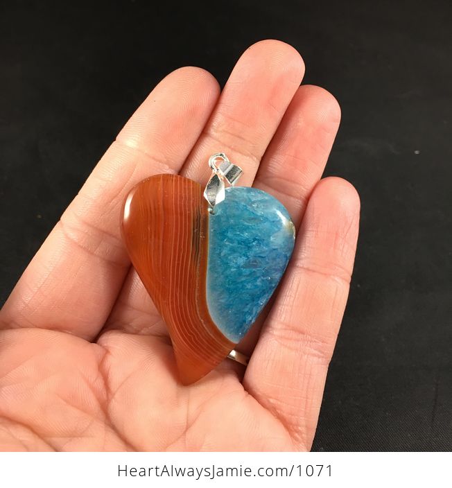Stunning Heart Shaped Orange and Blue Druzy Stone Agate Pendant - #OWjKUnHbPTE-1