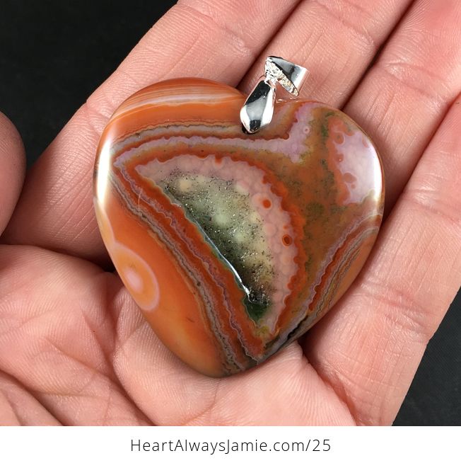Stunning Heart Shaped Orange and Green Druzy Agate Stone Pendant - #MNQKFGZ9jxw-1