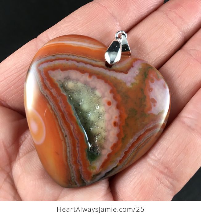Stunning Heart Shaped Orange and Green Druzy Agate Stone Pendant Necklace - #MNQKFGZ9jxw-2