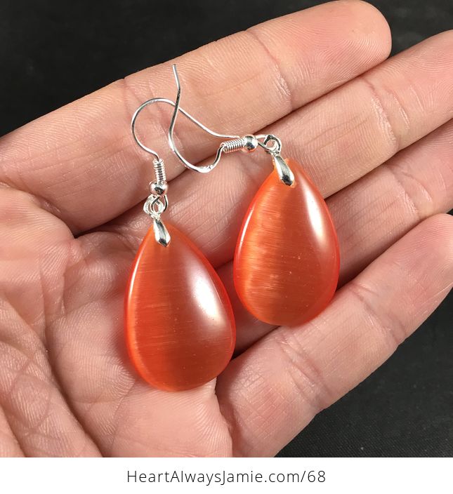 Stunning Peach Orange Cats Eye Stone Earrings - #vHUY5IyTB08-1