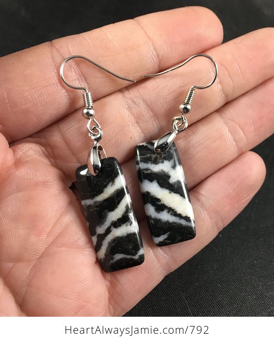 Stunning Rectangular Black and White Zebra Jasper Stone Earrings - #mde95iG2ibA-1