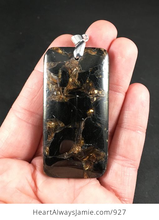 Stunning Rectangular Synthetic Black and Golden Bornite Stone Pendant - #TqOoLmo2KaE-1