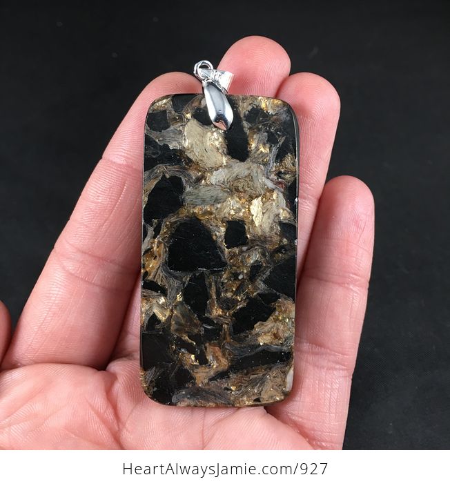 Stunning Rectangular Synthetic Black and Golden Bornite Stone Pendant Necklace - #TqOoLmo2KaE-2