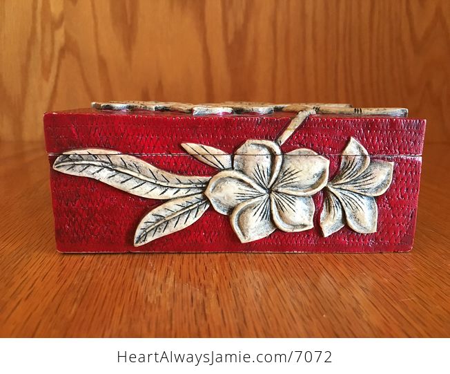 Stunning Red and Beige Carved Stone Frangipani Plumeria Tropical Flower Jewelry Trinket Box - #mCNOuoEOQZE-5