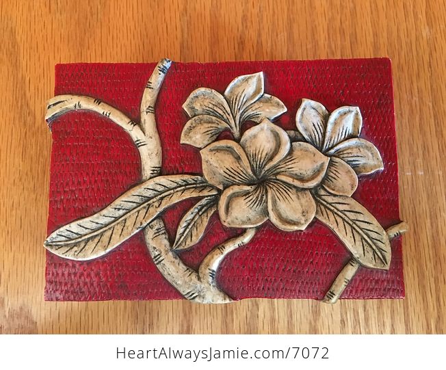Stunning Red and Beige Carved Stone Frangipani Plumeria Tropical Flower Jewelry Trinket Box - #mCNOuoEOQZE-3