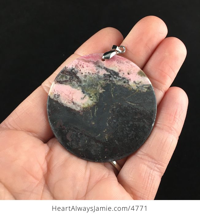 Stunning Round Black and Pink Rhodonite Stone Jewelry Pendant - #U2KhPeEDXig-5