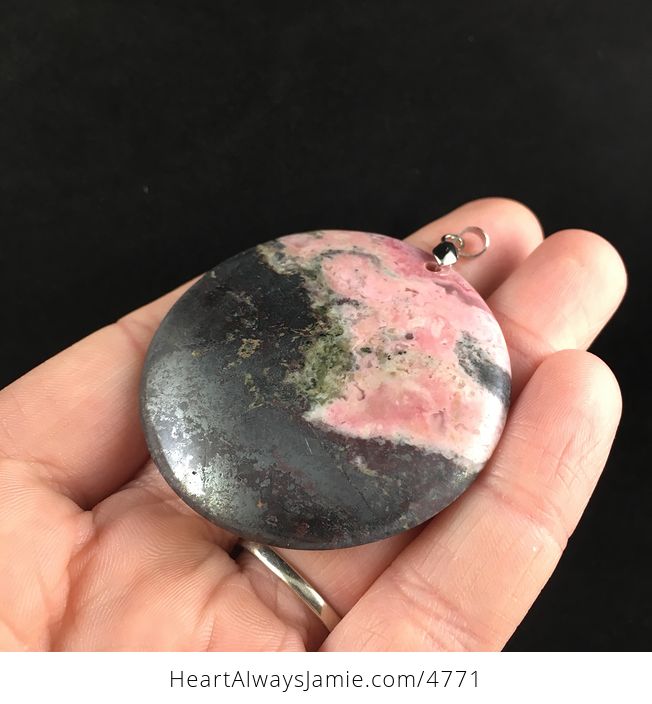 Stunning Round Black and Pink Rhodonite Stone Jewelry Pendant - #U2KhPeEDXig-3