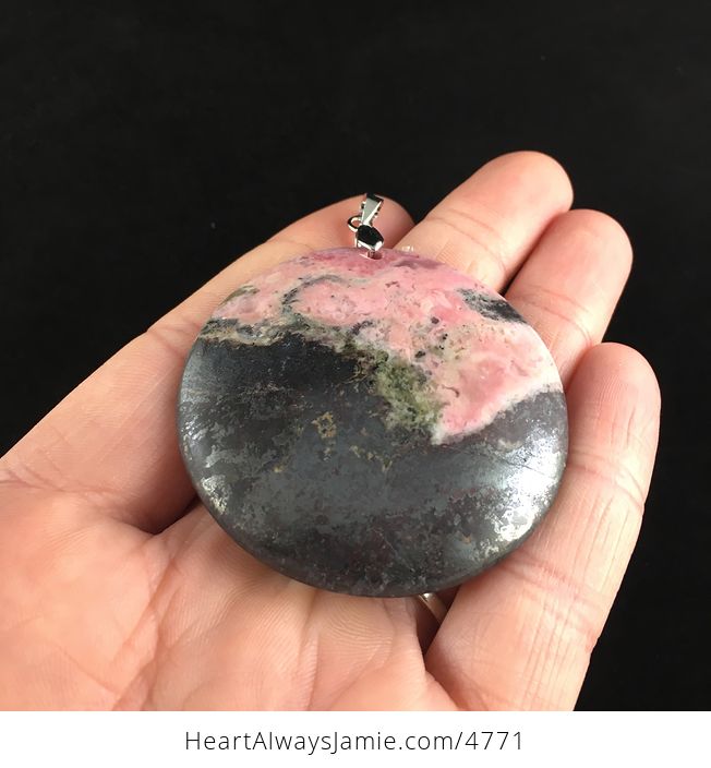Stunning Round Black and Pink Rhodonite Stone Jewelry Pendant - #U2KhPeEDXig-2