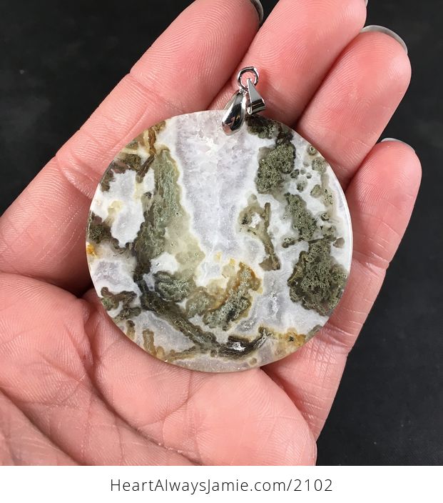 Stunning Round Green and White Moss Agate Druzy Stone Pendant Necklace - #gn1SEIEkU7U-2