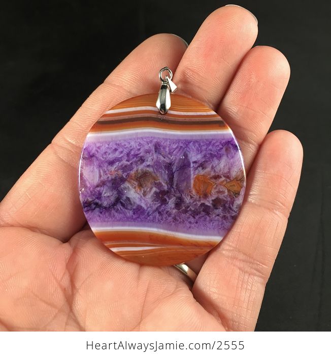 Stunning Round Orange White and Purple Druzy Stone Pendant Necklace - #JtjpFwqEOKU-2