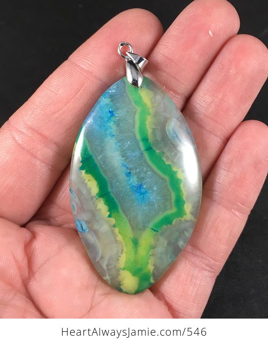 Stunning Semi Transparent Green Yellow and Blue Druzy Agate Stone Pendant - #nfYjdddFTxk-1