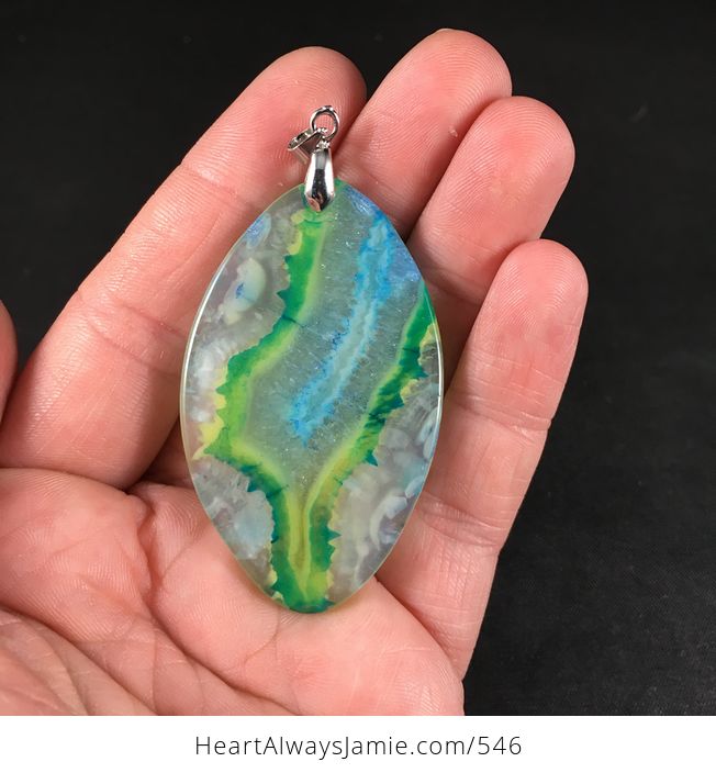 Stunning Semi Transparent Green Yellow and Blue Druzy Agate Stone Pendant Necklace - #nfYjdddFTxk-2
