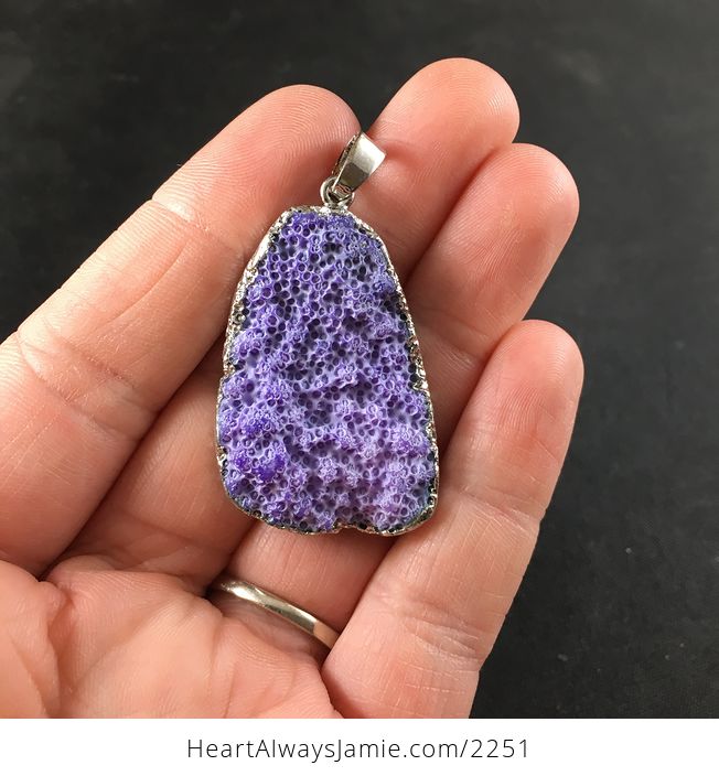 Stunning Silver Edged Purple Colored Coral Fossil Jewelry Pendant - #llVwoBrggZA-1