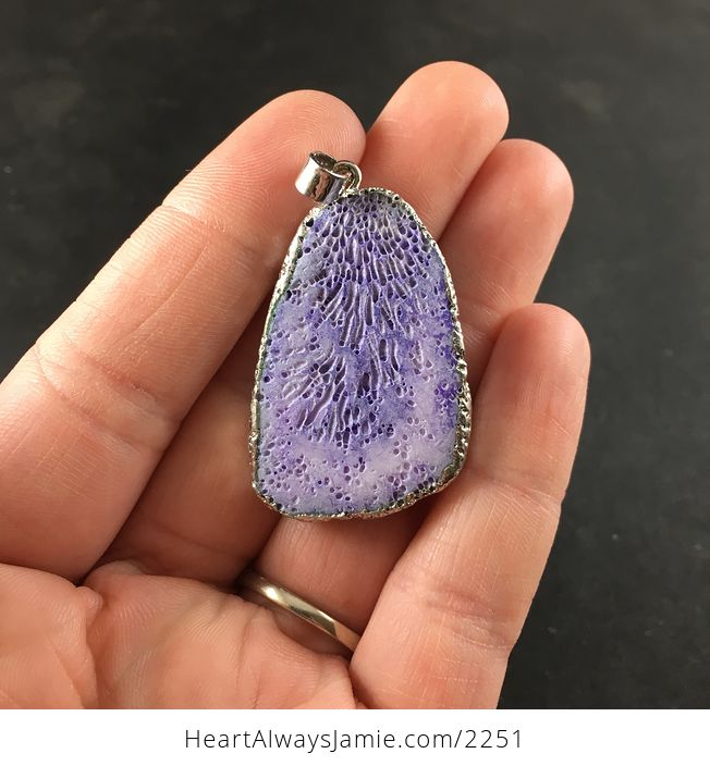 Stunning Silver Edged Purple Colored Coral Fossil Pendant Necklace - #llVwoBrggZA-3