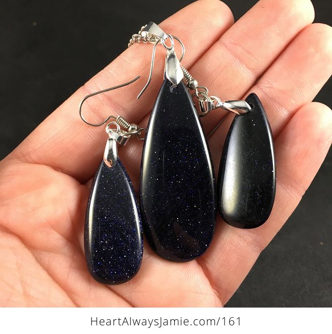 Stunning Sparkly Dark Blue Goldstone Necklace and Earring Set - #D9PQrVD7IyM-3