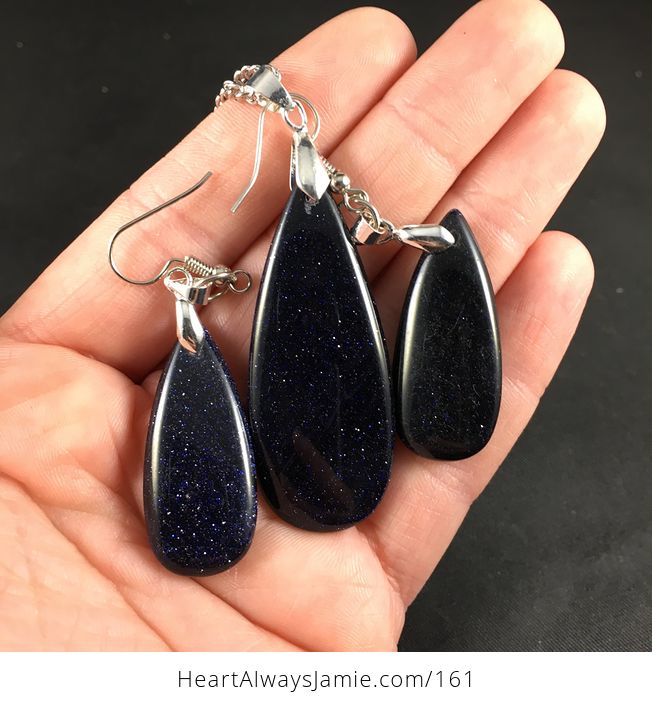 Stunning Sparkly Dark Blue Goldstone Necklace and Earring Set - #D9PQrVD7IyM-2