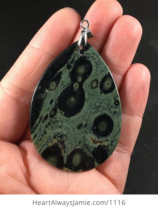 Stunning Swirly Dark Green and Black Kambala Jasper Stone Pendant Necklace - #yZL6fJO06p8-2