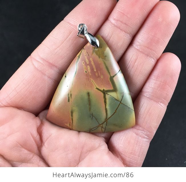 Stunning Triangle Shaped Pink Tan and Green Picasso Jasper Stone Pendant - #ZdNTCPhyz7I-1