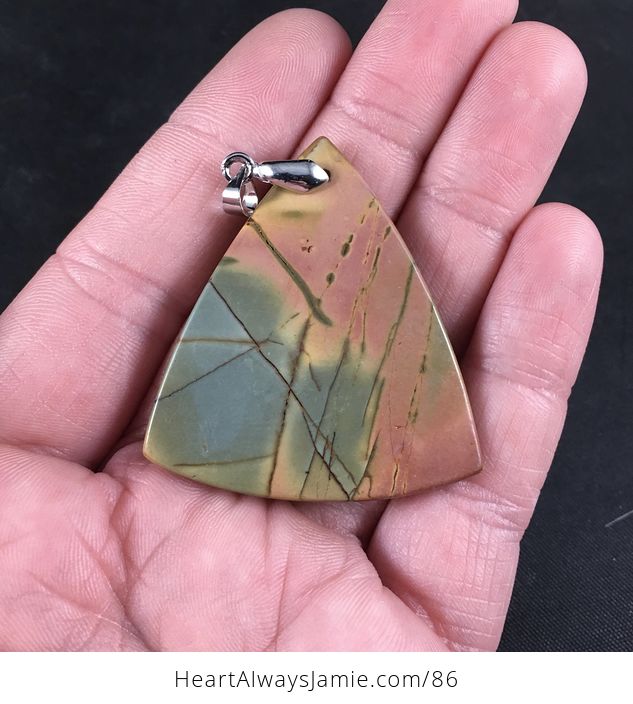 Stunning Triangle Shaped Pink Tan and Green Picasso Jasper Stone Pendant Necklace - #ZdNTCPhyz7I-2