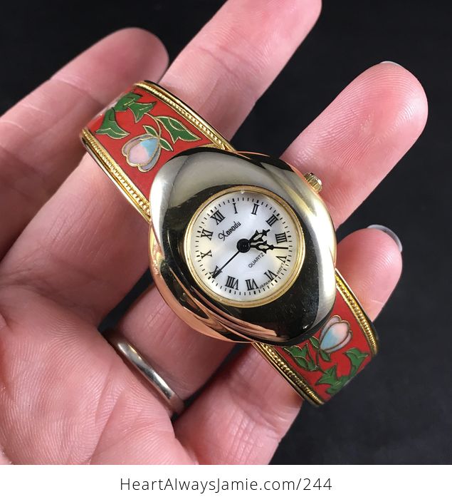 Stunning Vintage Xanadu Quartz Wrist Watch with an Ornate Art Deco Red and Gold Tone Floral Cloisonne Bracelet and Mother of Pearl Face - #BclceKqmLEI-1