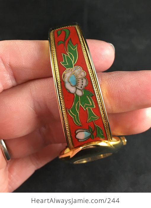 Stunning Vintage Xanadu Quartz Wrist Watch with an Ornate Art Deco Red and Gold Tone Floral Cloisonne Bracelet and Mother of Pearl Face - #BclceKqmLEI-2