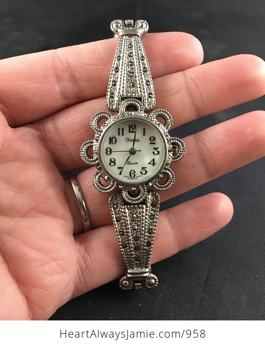 Stunning Vintage Xanadu Quartz Wrist Watch with an Ornate Textured Silver and Marcasite Bracelet and Mother of Pearl Face - #QZ3RjuIdINc-2