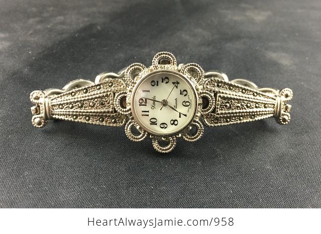 Stunning Vintage Xanadu Quartz Wrist Watch with an Ornate Textured Silver and Marcasite Bracelet and Mother of Pearl Face - #QZ3RjuIdINc-4