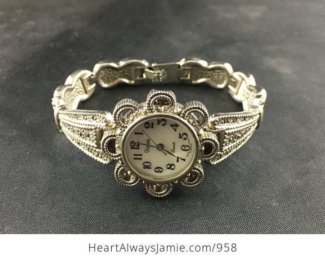 Stunning Vintage Xanadu Quartz Wrist Watch with an Ornate Textured Silver and Marcasite Bracelet and Mother of Pearl Face - #QZ3RjuIdINc-1