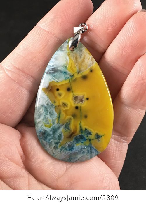 Stunning Yellow and Blue Druzy Agate Stone Pendant Necklace - #tDF3aDGxGlE-2
