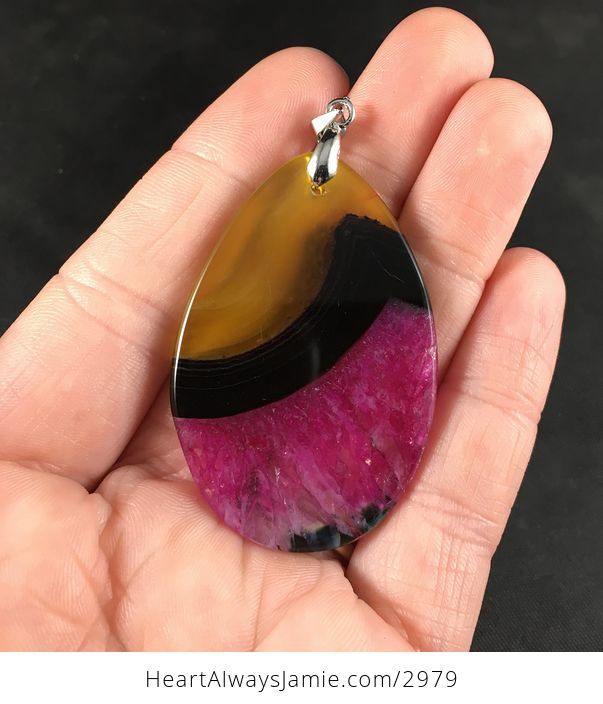 Stylish Semi Transparent Yellow Black and Pink Druzy Agate Stone Pendant Necklace - #9w1duPPkNW0-2
