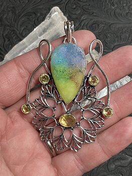 Sugar Druzy Rainbow Quartz and Citrine Bohemian Styled Mandala Pendant Stone Crystal Jewelry #Iqyin5V930E