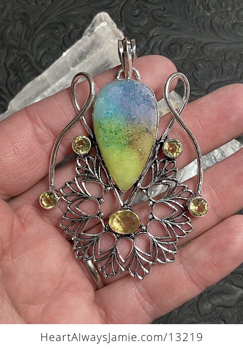 Sugar Druzy Rainbow Quartz and Citrine Bohemian Styled Mandala Pendant Stone Crystal Jewelry - #Iqyin5V930E-1