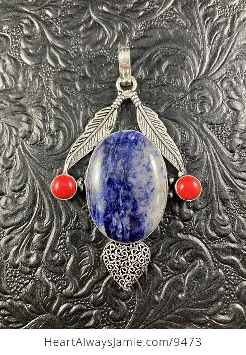 Sunset Sodalite and Coral Feather Heart Crystal Stone Jewelry Pendant - #IsWnCt4cowA-1