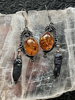 Synthetic Baltic Amber and Biwa Pearl Crystal Stone Jewelry Earrings #RUxWTIyM92M